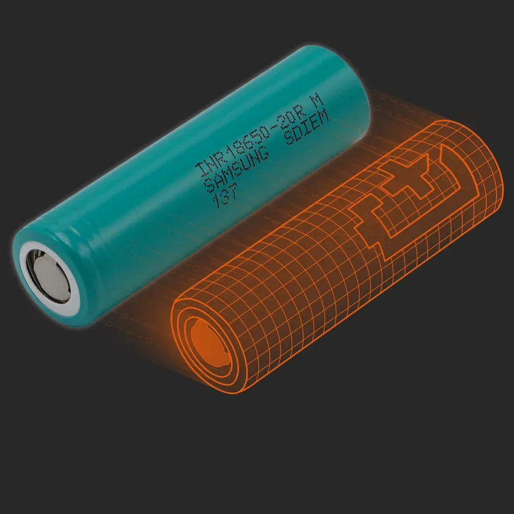 Samsung SDI INR18650-20R: the physical cell next to its Batemo model