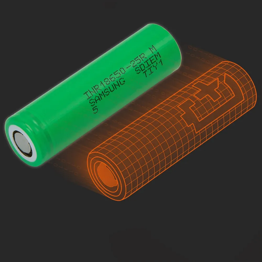 Samsung SDI INR18650-25R(5): the physical cell next to its Batemo model