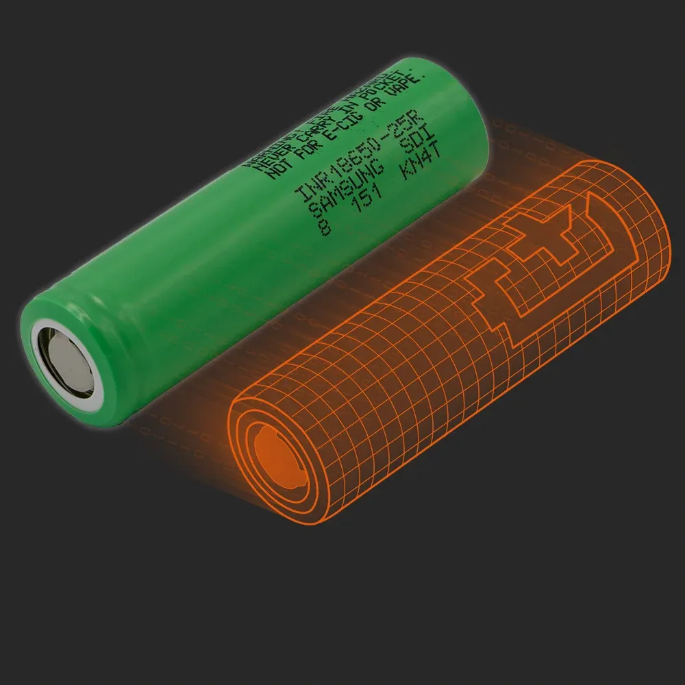 Samsung SDI INR18650-25R(8): the physical cell next to its Batemo model