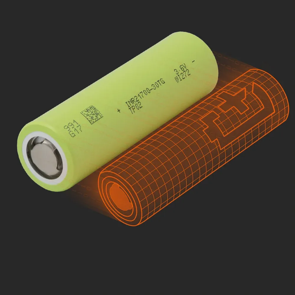TENPOWER INR21700-30TG: the physical cell next to its Batemo model