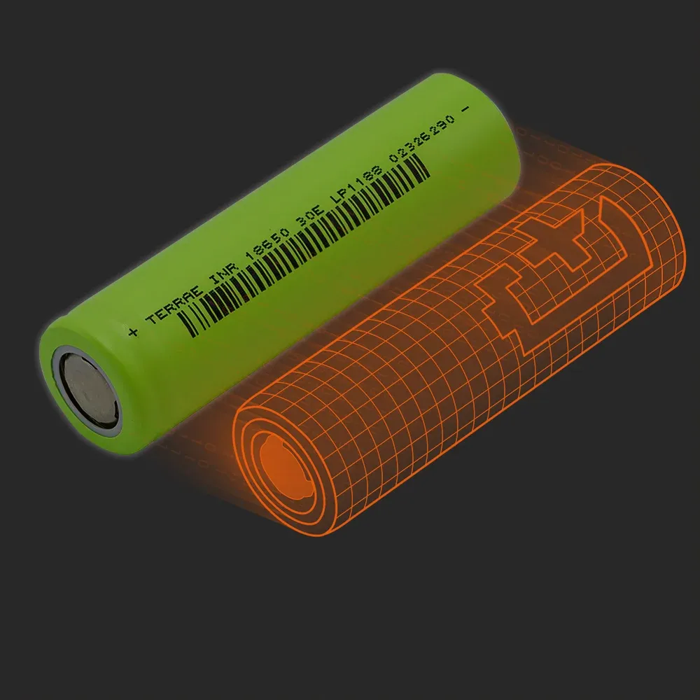 TerraE INR18650-30E: the physical cell next to its Batemo model